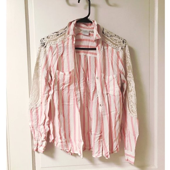 Pink & White Collared Shirt with Lace - Picture 1 of 5